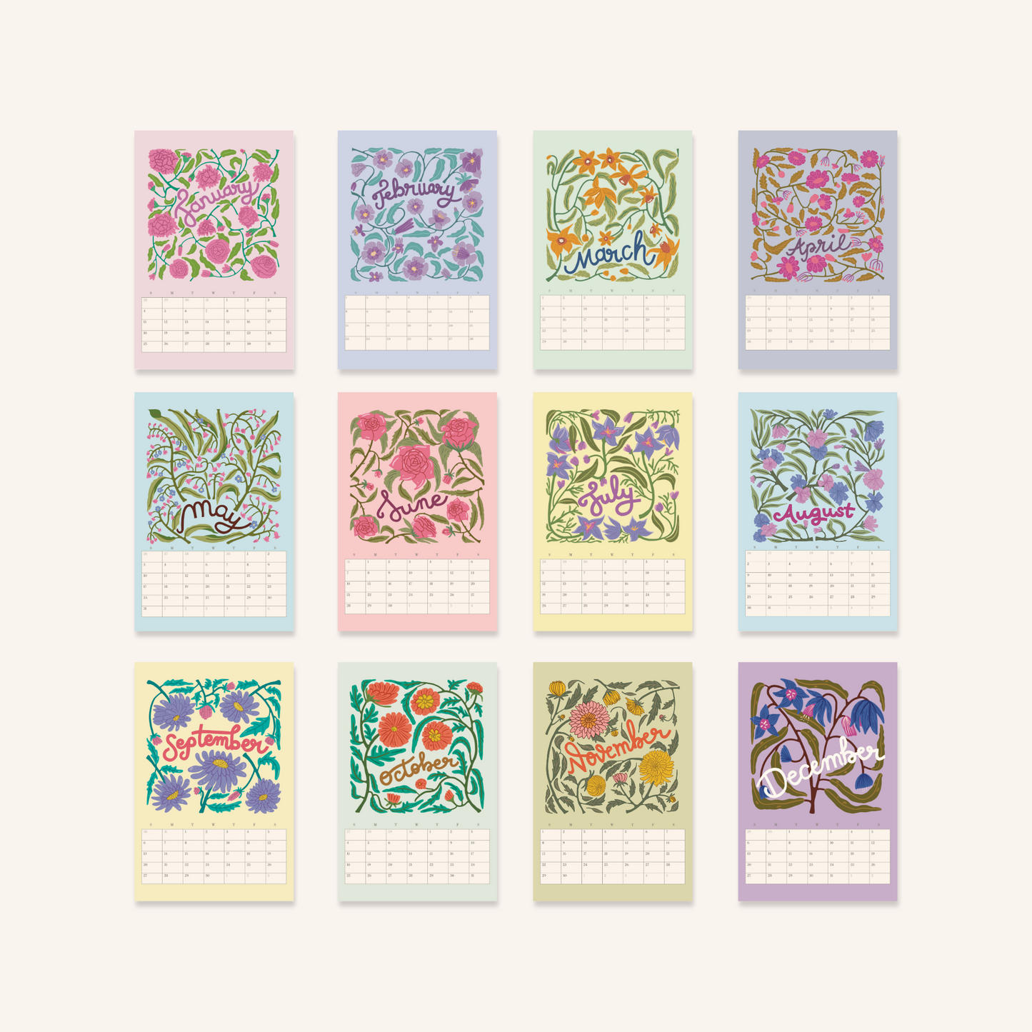 Illustrated 12 months Wall Calendar 2026: Vintage colour Retro Birth Flowers | January start Ledgar portrait size | Birthday gift for mom