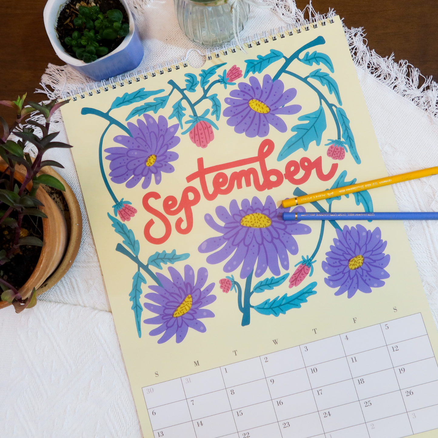 Illustrated 12 months Wall Calendar 2026: Vintage colour Retro Birth Flowers | January start Ledgar portrait size | Birthday gift for mom