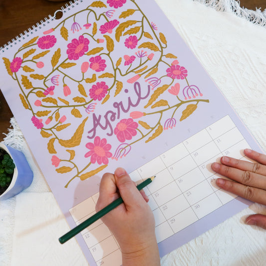 Illustrated 12 months Wall Calendar 2026: Vintage colour Retro Birth Flowers | January start Ledgar portrait size | Birthday gift for mom