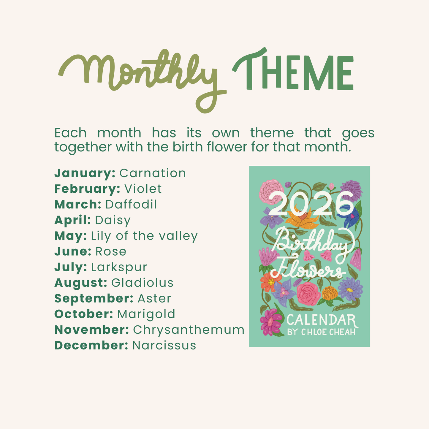 Illustrated 12 months Wall Calendar 2026: Vintage colour Retro Birth Flowers | January start Ledgar portrait size | Birthday gift for mom